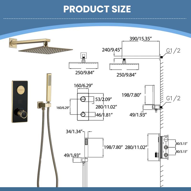9.84" Digital Display Thermostatic Complete Shower System with Rough in-Valve, Rain Shower Head