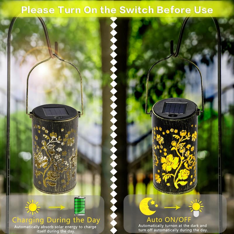 Set of 2 Solar Lantern Lights with Flowers Design, IP44 Outdoor Waterproof Metal LED Hanging Decorative Light