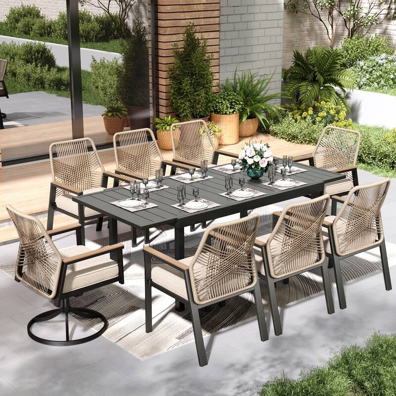 MAISON ARTS 7/9 Pieces Patio Dining Set with Extendable Table and Cushioned Woven Rattan Dining Chairs - 9PC - Mixed Chair