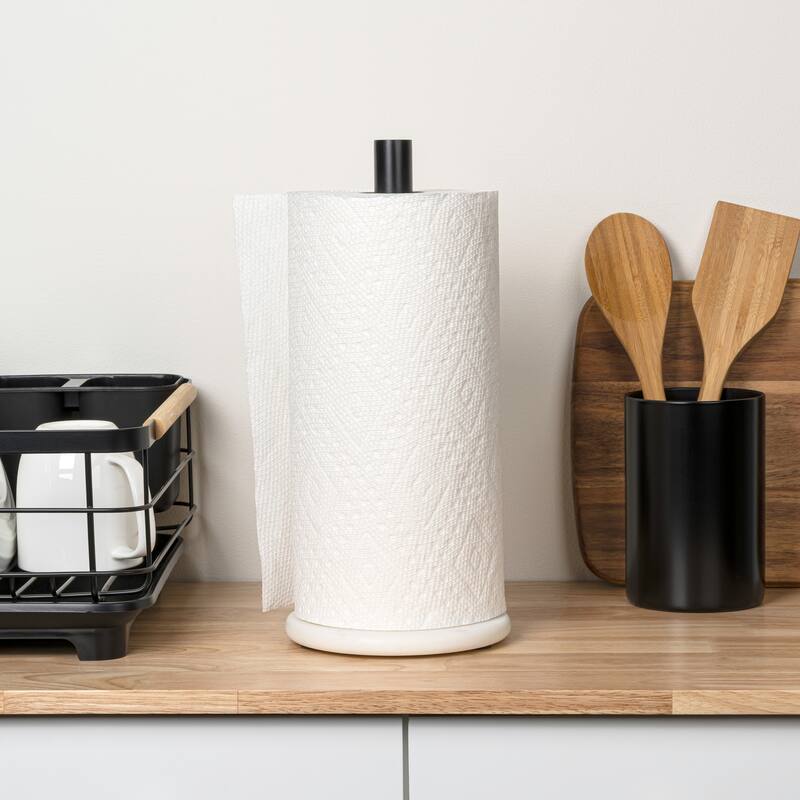 happimess, Avery Metal with Non Slip Weighted Marble Base Paper Towel Holder - Black/White Marble
