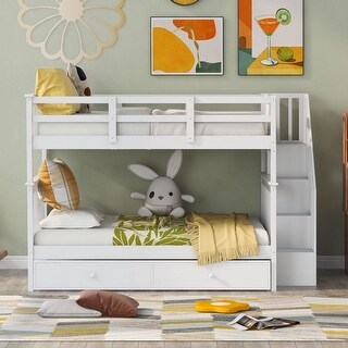 White Stairway Full-Over-Full Bunk Bed with Twin Size Trundle