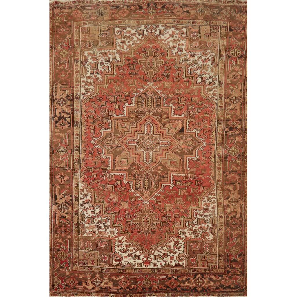 Hand Knotted Oriental 100% Wool Carpet Traditional Medallion Oranges & Rust Heriz Area Rug - 9' 7'' X 6' 11''