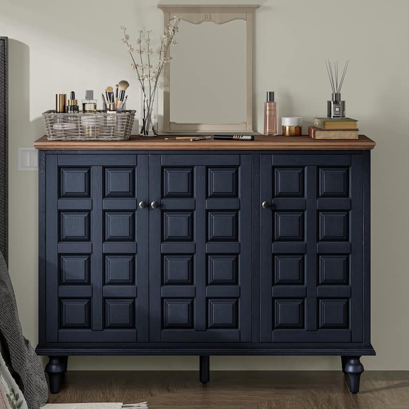 COZAYH Vintage Storage Cabinet With Plaid Pattern Front, Rustic Sideboards With Push-to-open Doors For Bedroom, Living Room - 3-Door