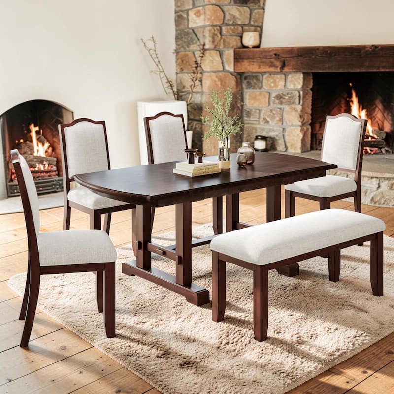 Extendable 6-Piece Dining Set with 78" Wood Table, 4 Upholstered Chairs, and Bench, Seats 6-8 Guests