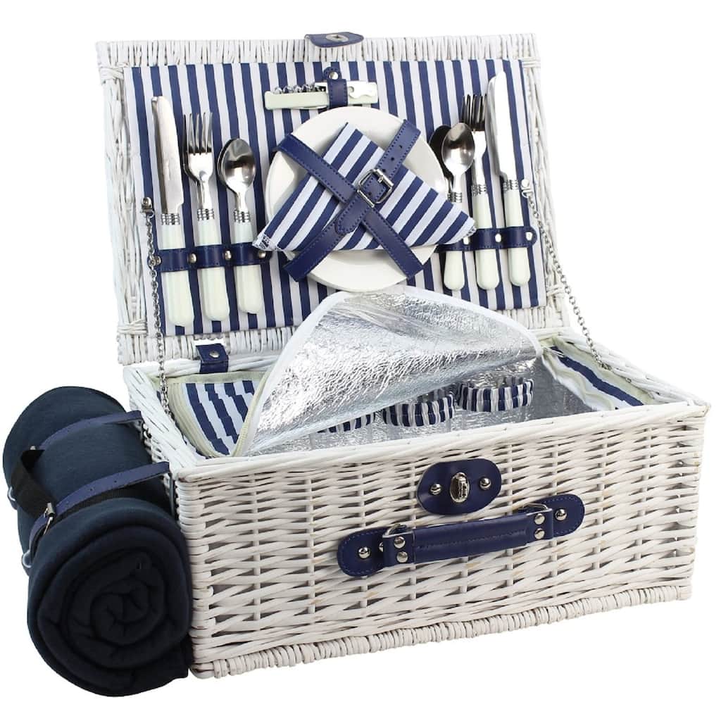 Picnic Basket Willow for 4 Persons, Large Wicker Hamper Set with Big Insulated Cooler Compartment with Waterproof Backing