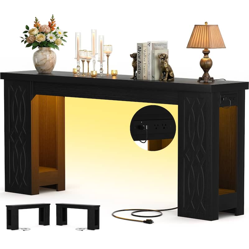 63" Farmhouse Console Table with RGB LED Lights ＆ Power Outlets, Unique Carved Design Entryway Table, Wooden Sofa Table