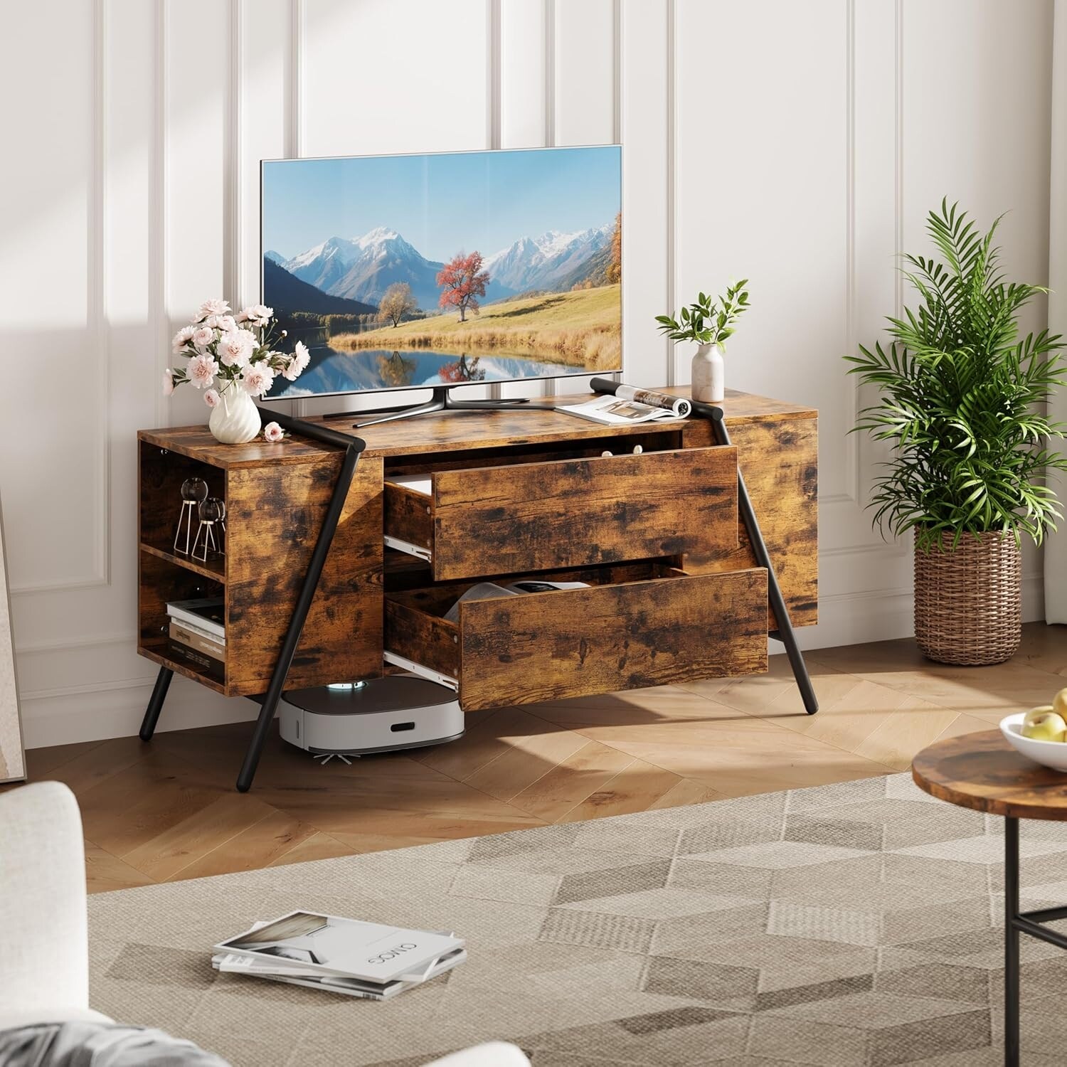 55" Modern TV Stand for Living Room, Farmhouse Entertainment Center with 2 Drawers, Adjustable Shelves