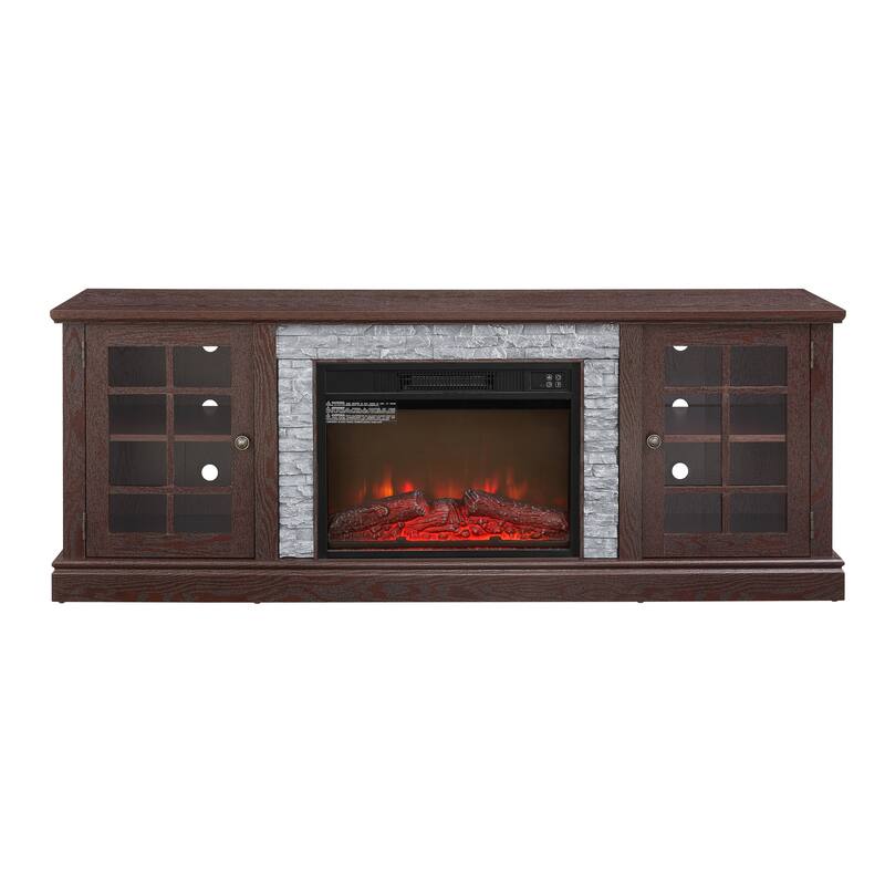 GDFStudio Thatch Wood 70" TV Stand with Faux Stacked Stone Fireplace and 2 Door Storage