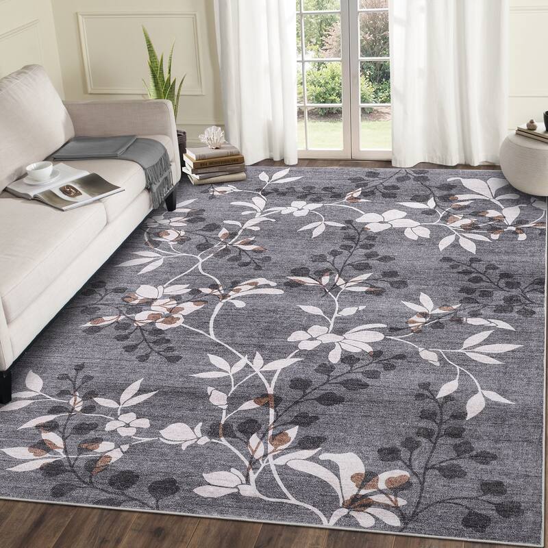 Modern Leaves Pattern Area Rug Botanical Print Washable Rugs for Living Room Bedroom Non-Slip Low Pile Floor Carpet - 8'x10' - Gray
