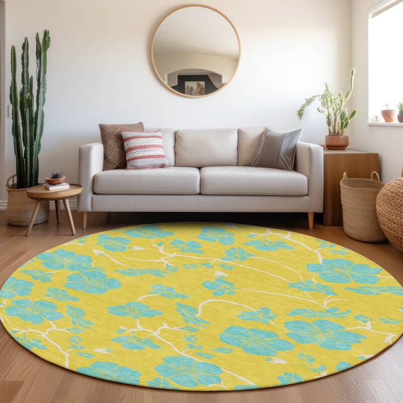 Machine Washable Indoor/ Outdoor Floral Zen Chantille Rug - Yellow - 8' x 8'