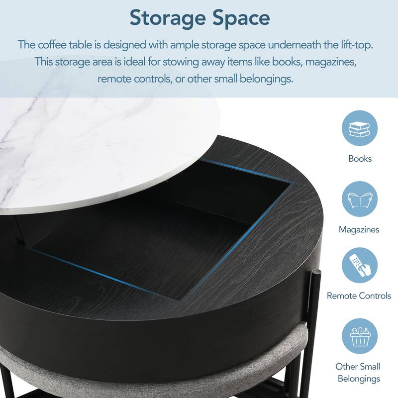 Round Lift-Top Coffee Table with Storage and 3 Ottoman