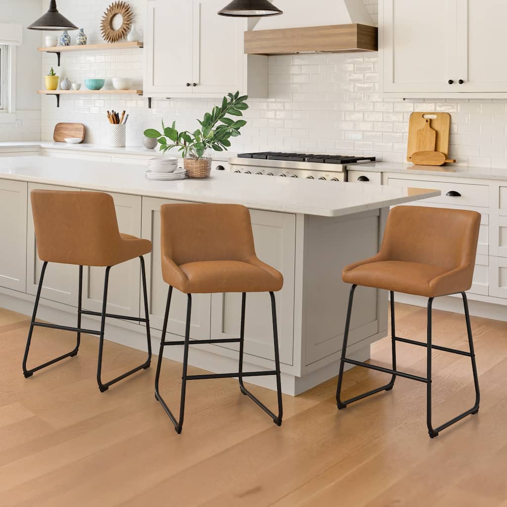 Counter Height Bar Stools with Metal Frame Upholstered Kitchen Island Stool in Faux Leather or Fabric