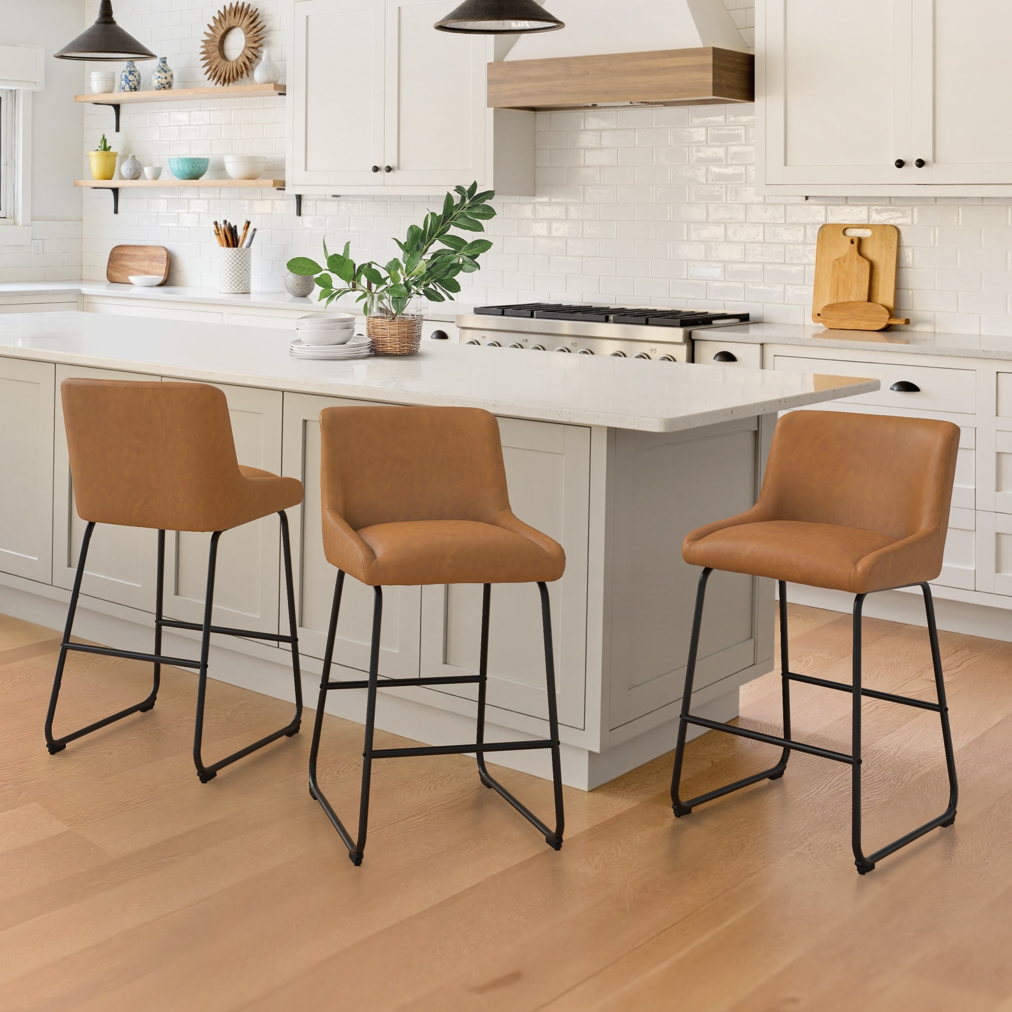 Counter Height Bar Stools with Metal Frame Upholstered Kitchen Island Stool in Faux Leather or Fabric