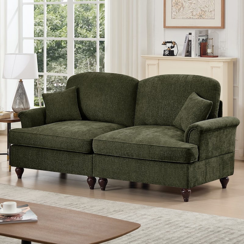 Mid-Century 2-Seat Sofa Couch with Flared Arms & Removable Ruffled Skirts, Retro Chenille Upholstered Loveseat for Living Room