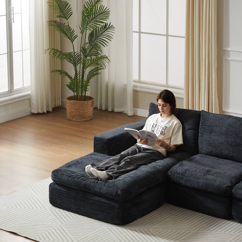 L-Shaped Sectional Sofa with Chaise Lounge, Corduroy Upholstered Boneless Couch, Module Corner Sofa with 3 Pillows