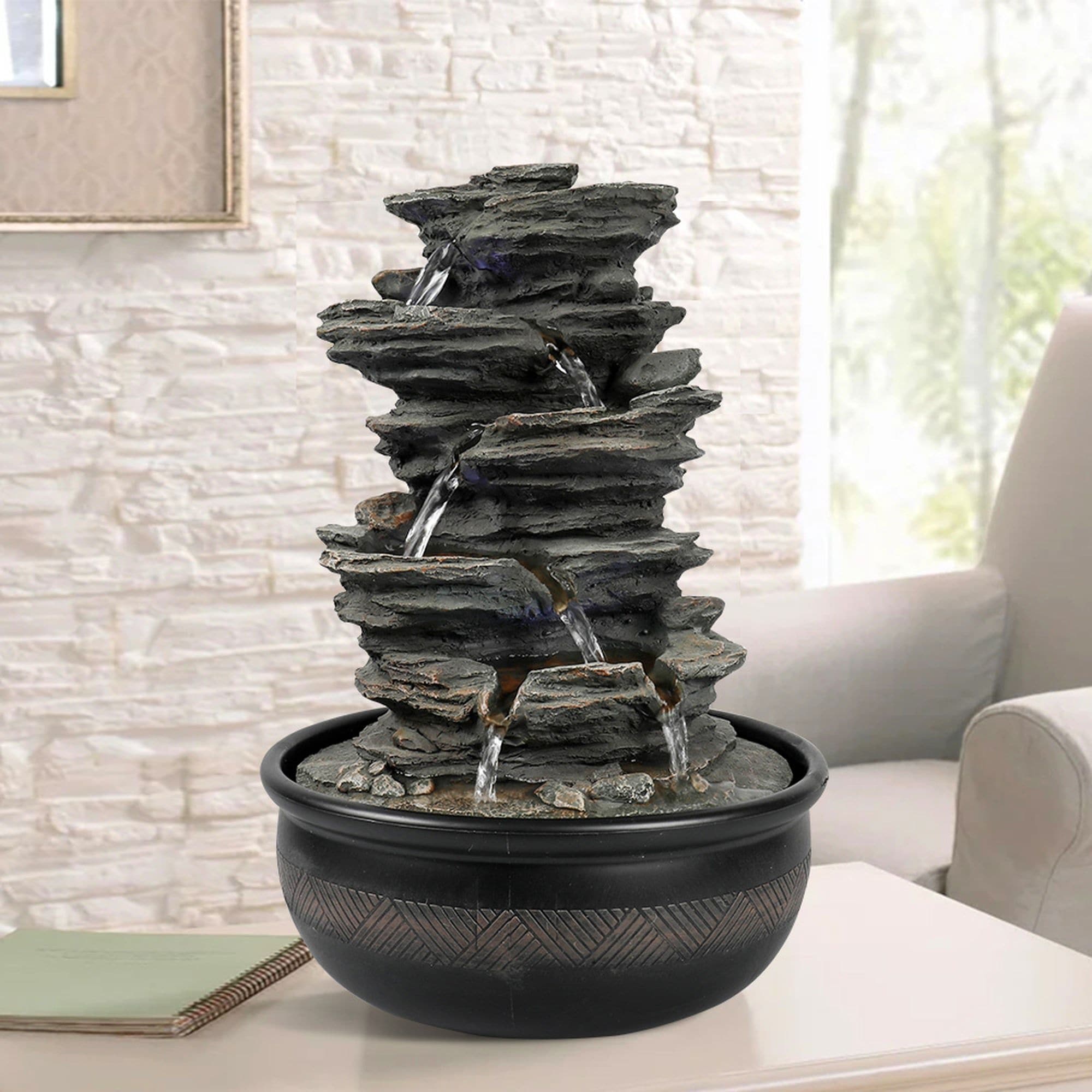5 Tier Indoor Tabletop Water Fountain Resin Rockery with Base