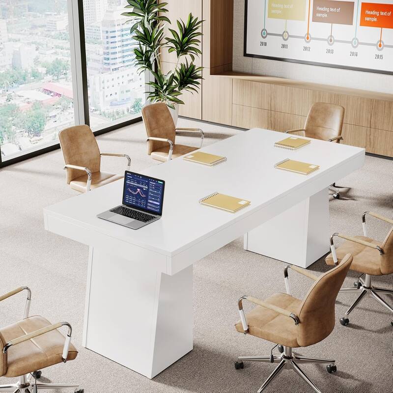 Conference Table, Modern Meeting Table with Thick Tabletop and Trapezoidal Legs