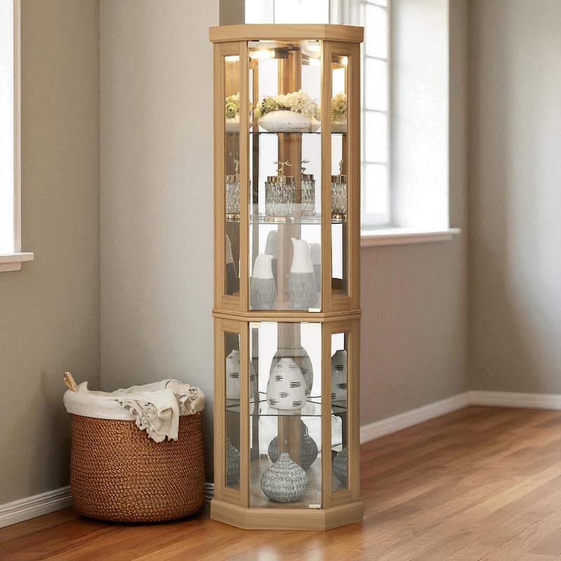 Lighted Corner Curio Cabinet with Glass Doors, Adjustable Shelves & Mirrored Back, Elegant Display Case for Collectibles