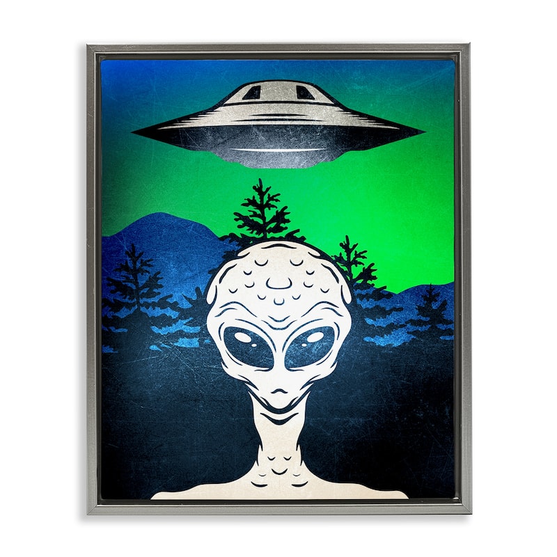 Stupell Alien and UFO Scene Framed Floater Canvas Wall Art Design By Kim Allen - 25 x 31 - Grey