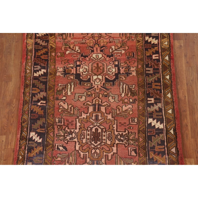 Geometric Pink Heriz Persian Vintage Runner Rug Handmade Wool Carpet - 3'10"x 10'1"