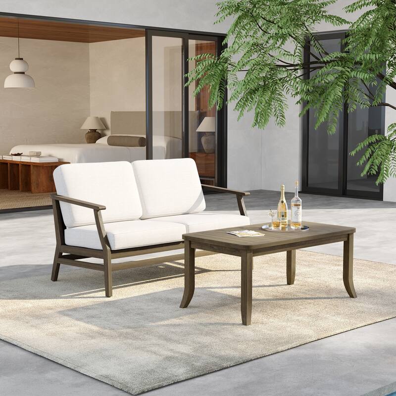 Outdoor Loveseat Sofa with Coffee Table Teak Wood Patio Furniture
