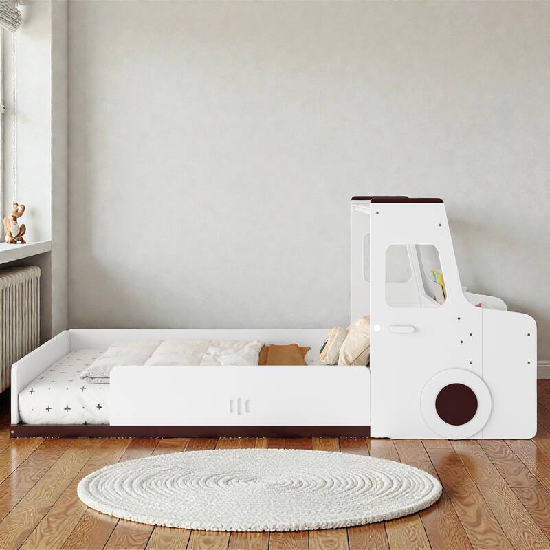 Kids Car Floor Bed with Storage Drawers and Desk, Car-Shaped Wood Floor Bed with Window, Twin Full Sizes