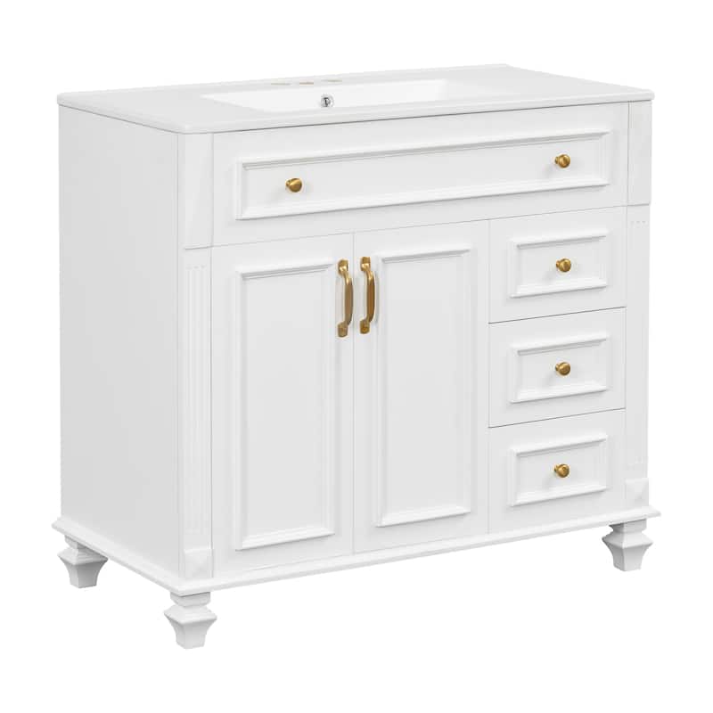 36" Bathroom Vanity with Sink, Vanity Cabinet with Flip-Out Drawer, 3 Drawers, 2 Soft-Close Doors, Solid Wood & MDF
