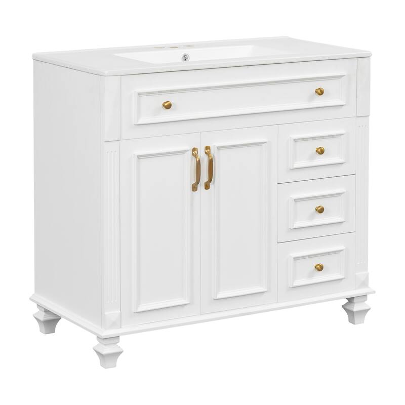 Roomfitters 36" Bathroom Vanity with Sink, Flip-Out Drawer, 3 Drawers, Soft-Close Doors, Solid Wood Cabinet