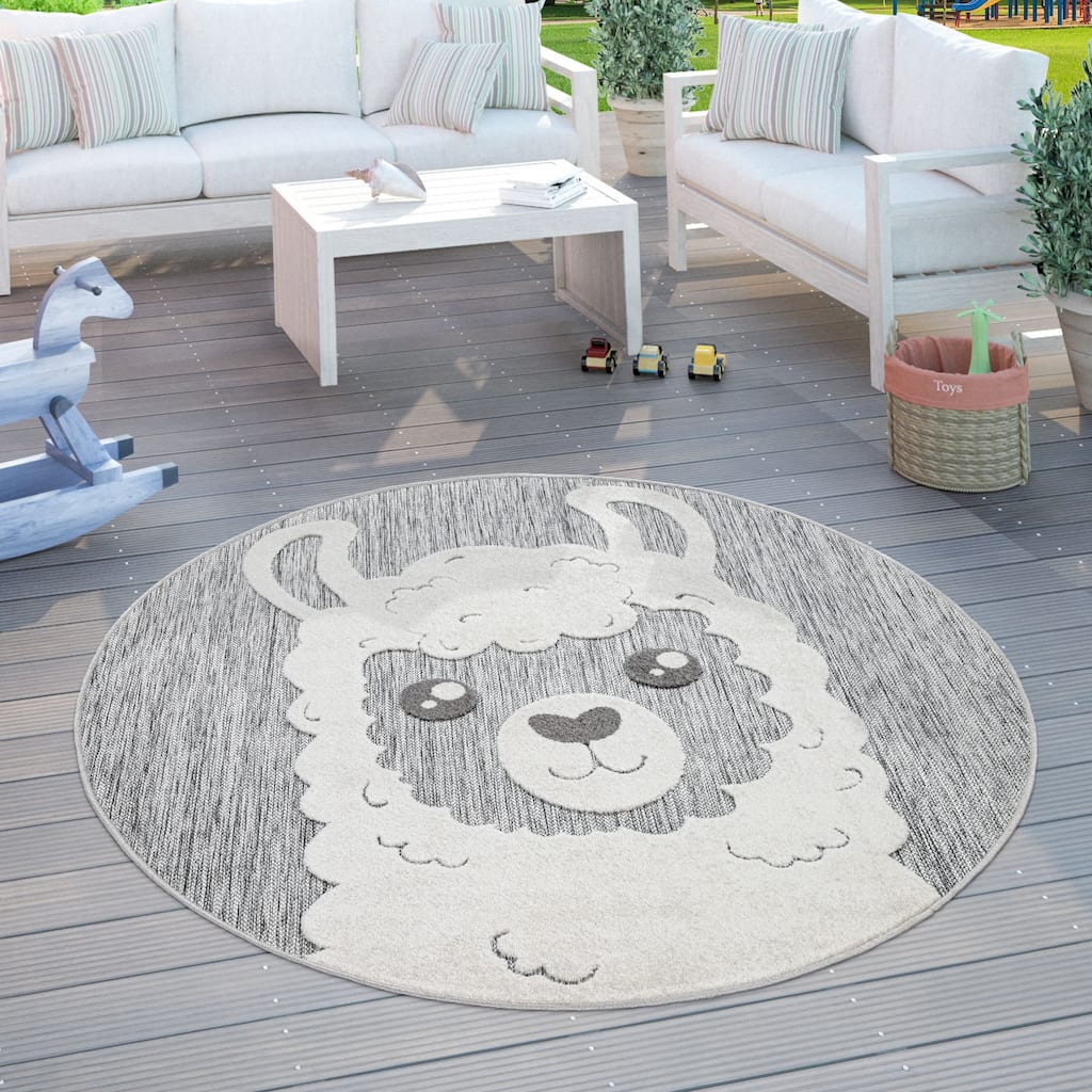 Round Kids Rug Llama Motif with Contour Cut in Mottled Grey
