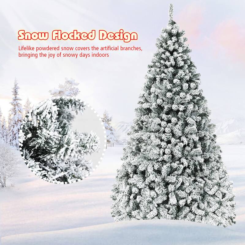 Gymax 6/7.5/9 FT Pre-Lit Christmas Tree Snow Flocked Hinged Pine Tree