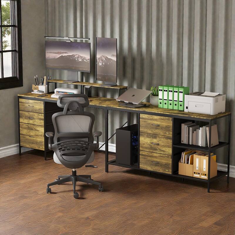 114 Inch L Shaped Desk with Power Outlets and USB C, Industrial Corner Computer Desk with Drawers Shelves