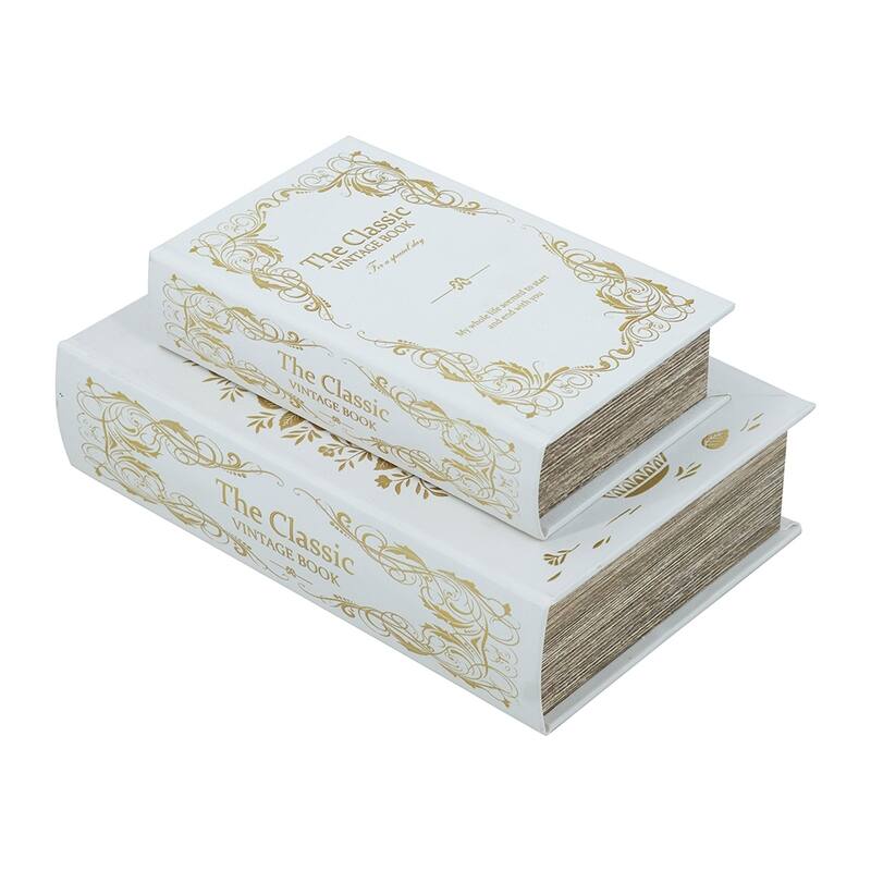 Anmytek Set of 2 Decorative Book Boxes with White and Gold Floral Motifs and Text