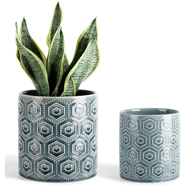 Ceramic Flower Pots - 6 Inch + 5 Inch Planters with Drainage Holes