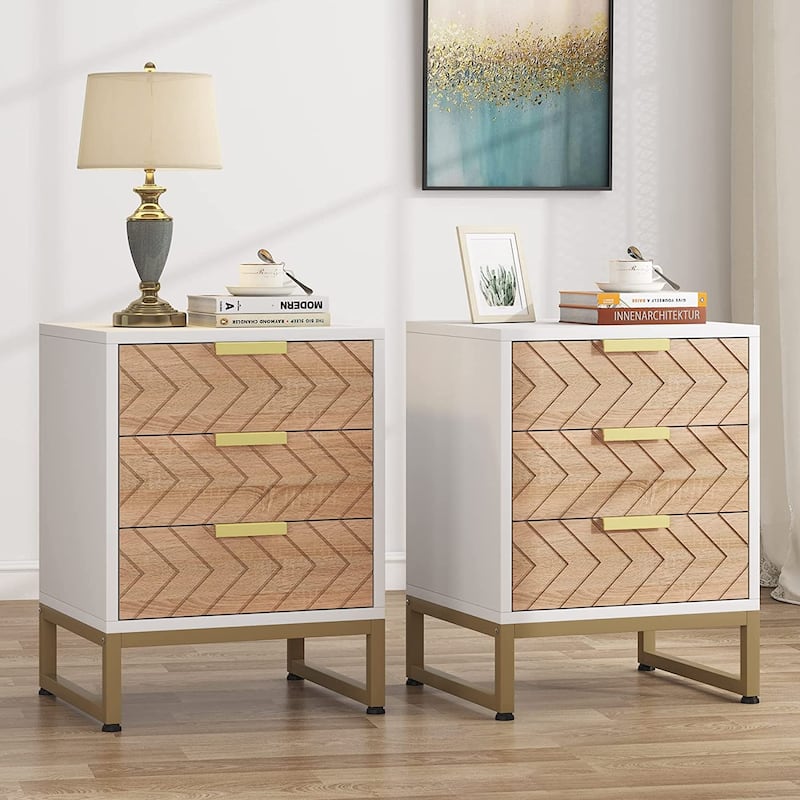Modern Nightstand with 3 Drawers for Bedroom - 2PCS-White/Brown