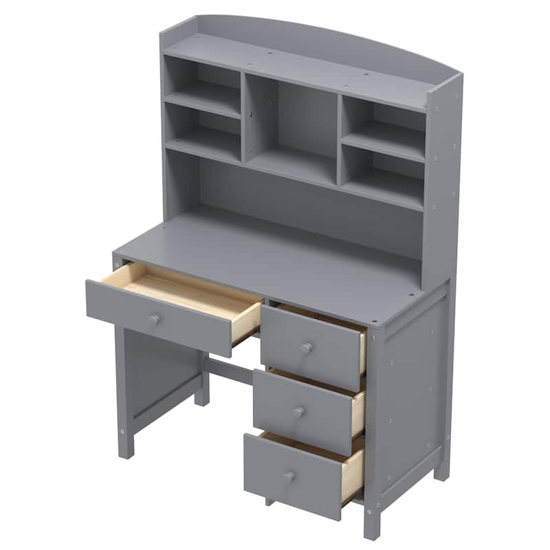 40"Home Executive Desk and Upholstered Chair Set with Bookshelf, Computer Desk with Four Drawers, Storage Shelf, and Chair