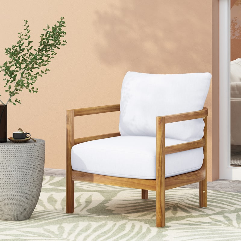 Roomfitters Outdoor Acacia Wood Patio Club Chair with Waterproof Cushions, Teak Finish, Deep Seating for Porch, Balcony, White