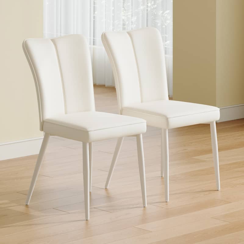 Minimalist White PU Leather Dining Chair Set of 2 w/ Curved Back & White Metal Chair Legs