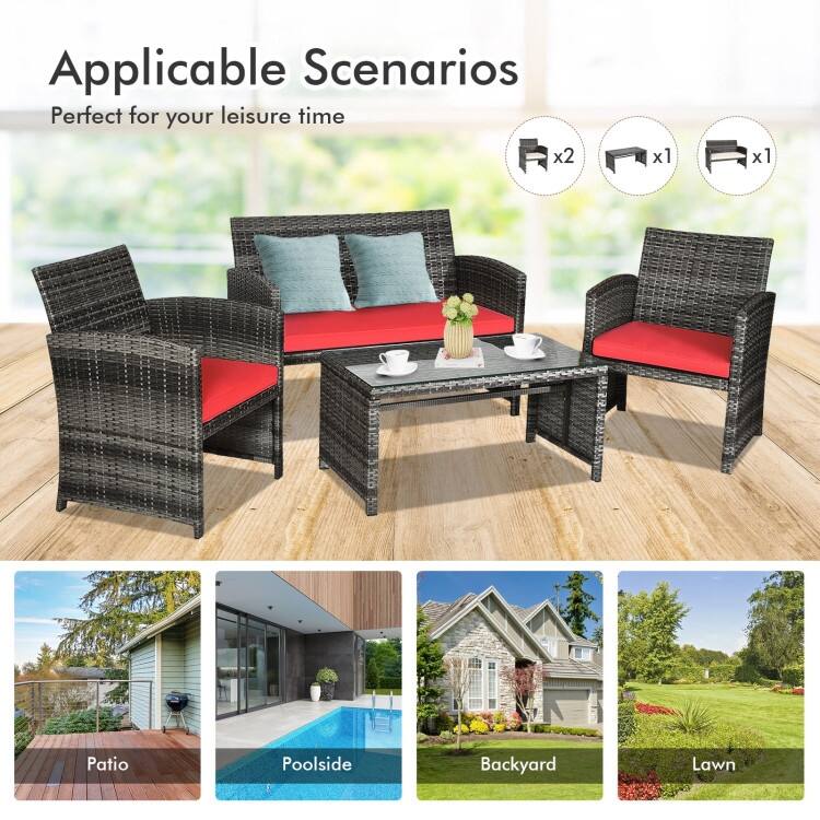 4 Pieces Patio Rattan Furniture Set with Glass Table and Loveseat - 43.5" x 25"x 31" (L x W x H)