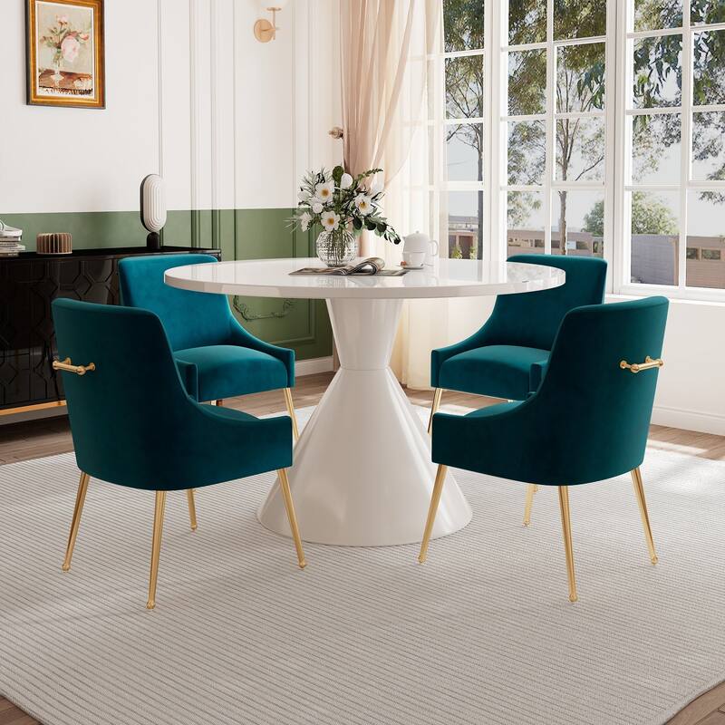 48" Light Luxury White High Gloss Large Countertop Dining Table with Velvet Dining Chair Set