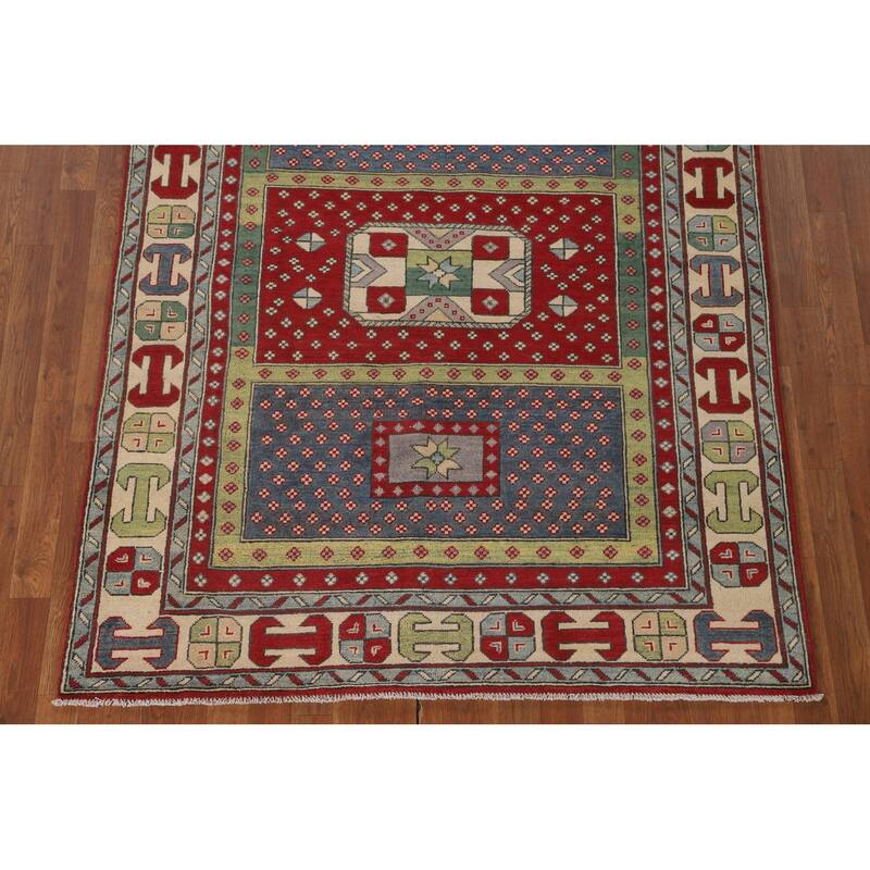 Geometric Kazak Area Rug Hand-Knotted Wool Carpet - 5'0" x 6'5"