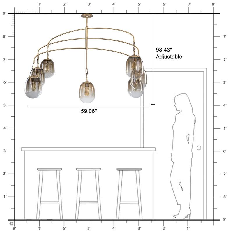 Modern Gold Chandelier Gradient Glass Shades 2-Tier Curved Arm
