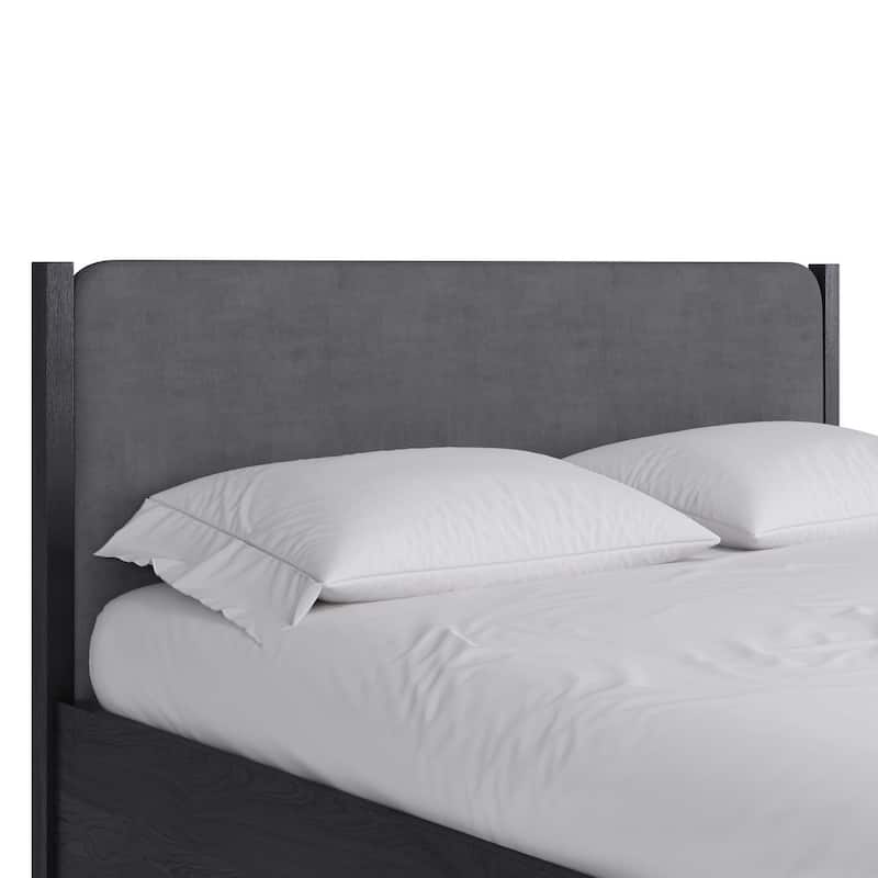 Cave California King Bed, Velvet Upholstery, Posts, Gray Mahogany Wood