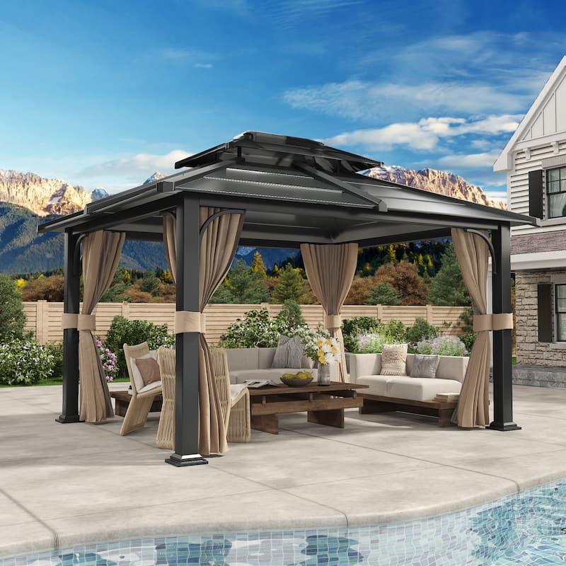 EROMMY Anti-Rust Coating Iron Hardtop Sun Shade Shelter Outdoor Canopy & Pergolas w/Curtains and Netting - 10' x 12' - H