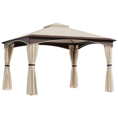 Beige Brown Black Outdoor Canopy Gazebo with Two Tier Ventilated Roof UV-Blocking Polyester Mesh Sidewalls for Patio Backyard