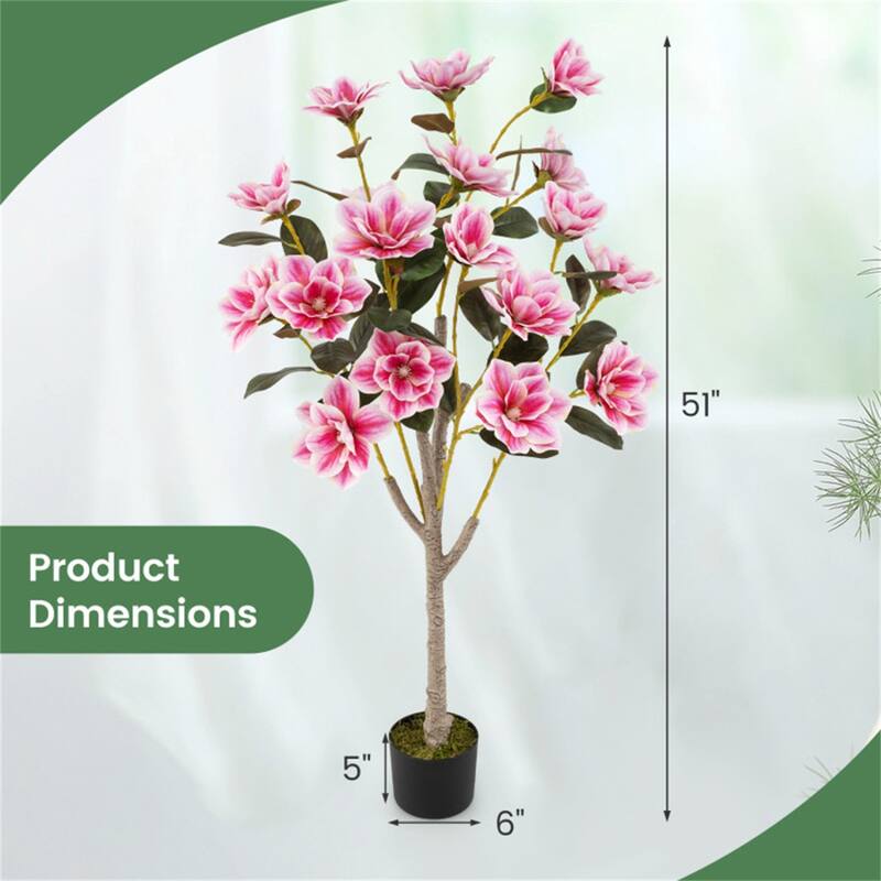 Artificial Magnolia Tree 51 Inch Green White Pink Lifelike Faux Indoor Decorative Plant with Cement Pot - 51"