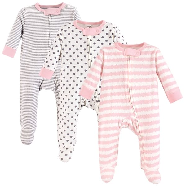 slide 1 of 1, Touched by Nature Baby Girl Organic Cotton Zipper Sleep and Play 3pk, Pink Gray Scribble 3-6 Months - Pink Gray Scribble