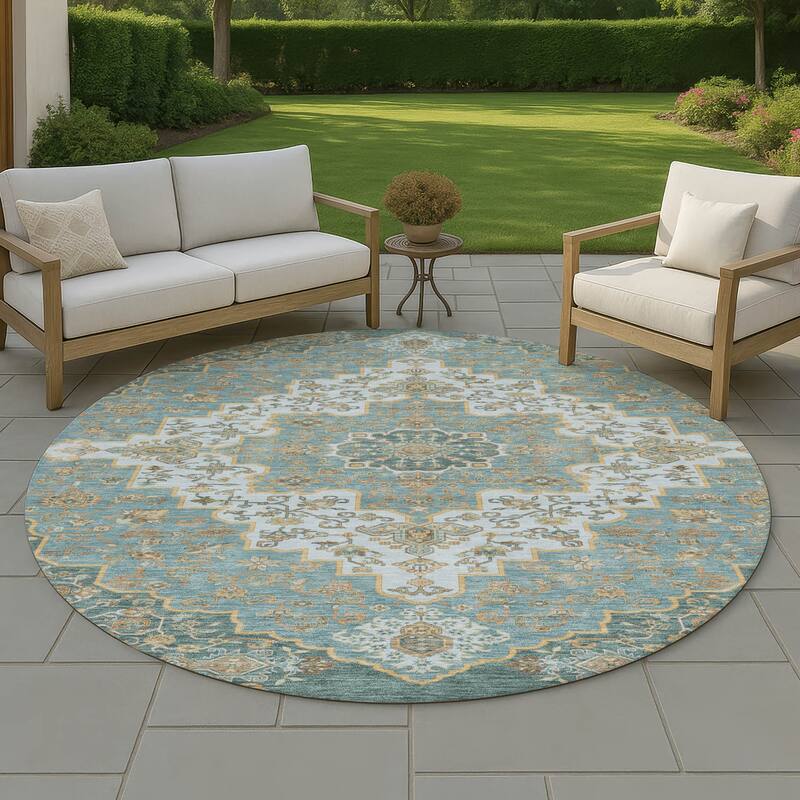 Machine Washable Indoor/ Outdoor Traditional Karachy Chantille Rug - Teal - 8' x 8'