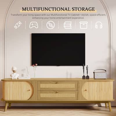 Rattan TV Stand Media Console w/ Sliding Doors Cabinets & 2 Drawers