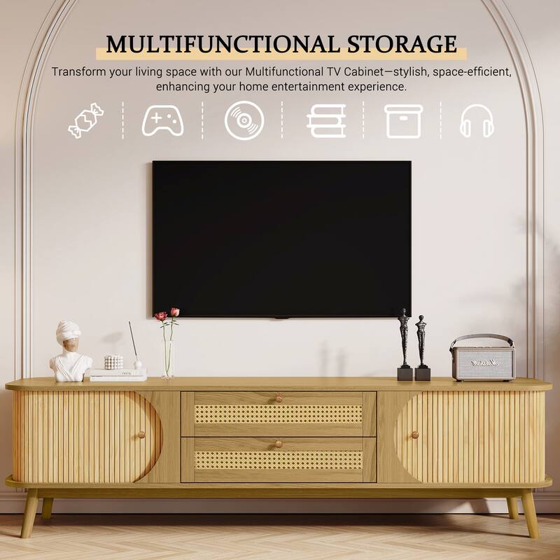 Rattan TV Stand for TVs up to 75'', Modern Farmhouse Media Console, Entertainment Center with Solid Wood Legs