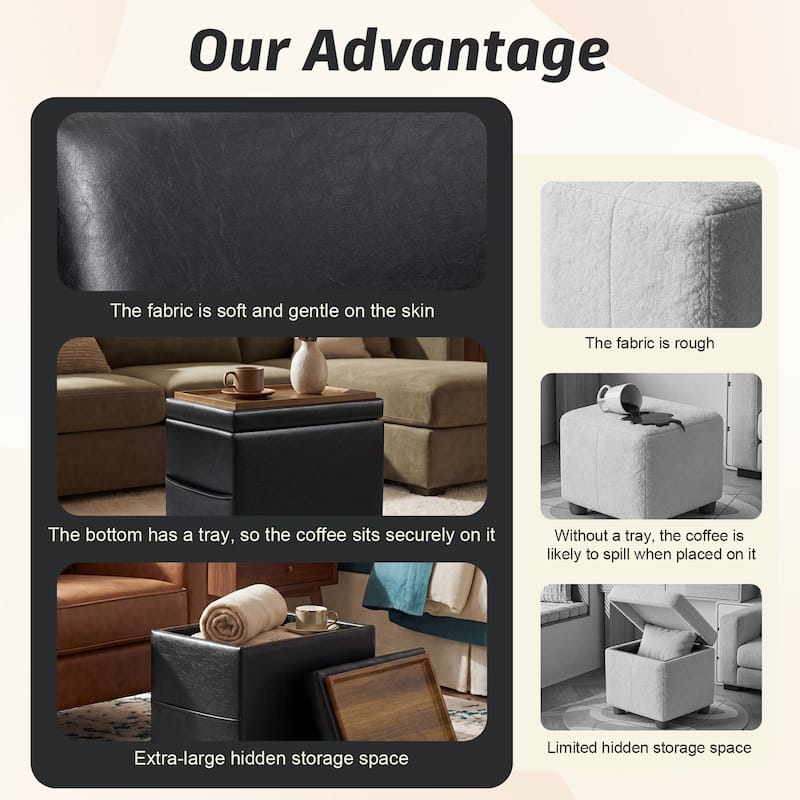 Adeco 16" W Upholstered Rectangle Storage Ottoman with Tray and Pocket